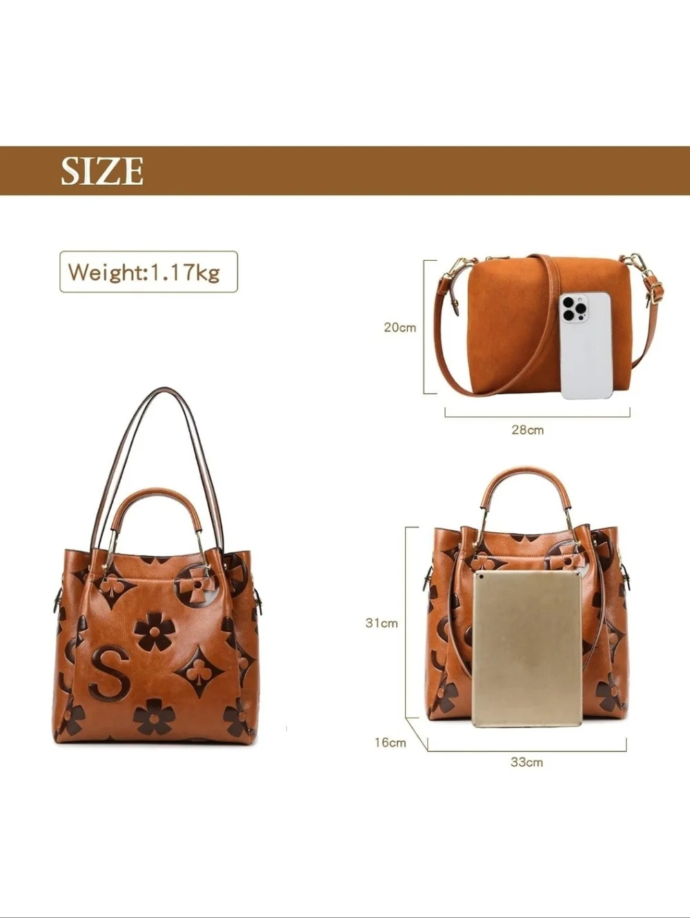 Women's Tan Embossed Floral Tote Bag - Picture 3 of 8